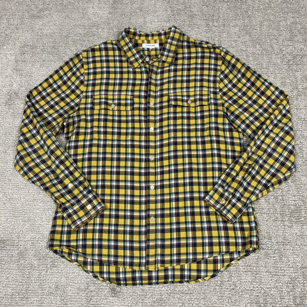 Frame Flannel Shirt Mens XL Slim Fit Canary Yellow Button Down Plaid Cotton